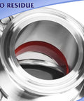 Close-up of a 2-inch sanitary stainless steel butterfly valve with red gasket and tri-clamp ends