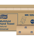 Front view of Tork Multifold Hand Towel box, natural universal, 16 packs of 250 sheets.