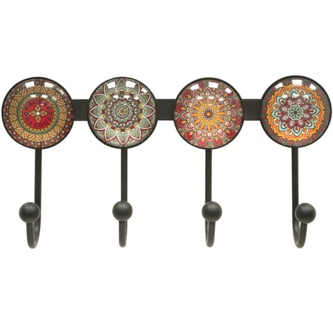 Wall Mounted Coat Rack With Four Hooks Round Brown Mandala Pattern Boho Chic Decorative Wall Hanger For Hats Keys Towels Purses Bags And Robes In Entryway Or Bathroom A Stylish Functional Home Organizer