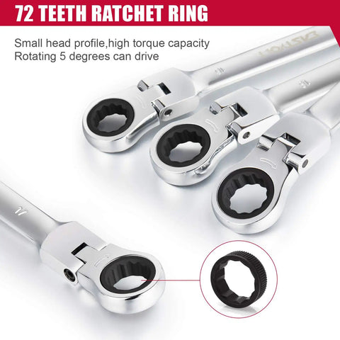 Flex Head Ratcheting Wrench Set 12 Piece Metric 8mm To 19mm With Open And Box End Spanners Chrome Vanadium Steel Includes Tool Box 72 Tooth Ratchet And 5 Degree Swing Arc