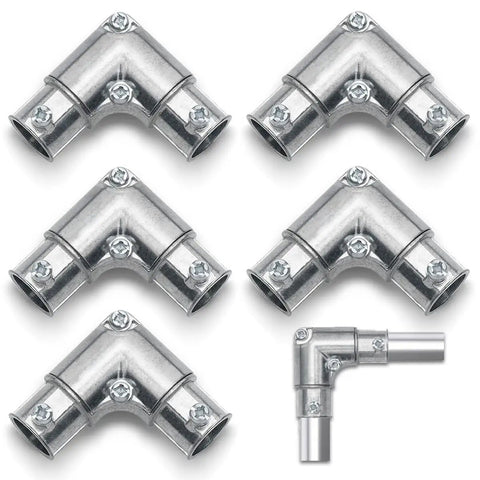 Half Inch EMT To EMT 90 Degree Inside Corner Pulling Elbows Set Screw Fittings Die Cast Zinc Conduit Elbows For Electrical Metallic Tube Kit 5 Pack No Sweat Heavy Duty Construction, showcasing five zinc die-cast conduit elbows with set screws for secure fitting, ideal for 90-degree EMT connections.