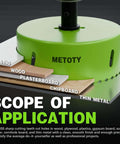 Front view of METOTY 8-in-1 bi-metal hole saw kit with 2in, 4in, 6in blades on a green base; wood, plastic, plasterboard