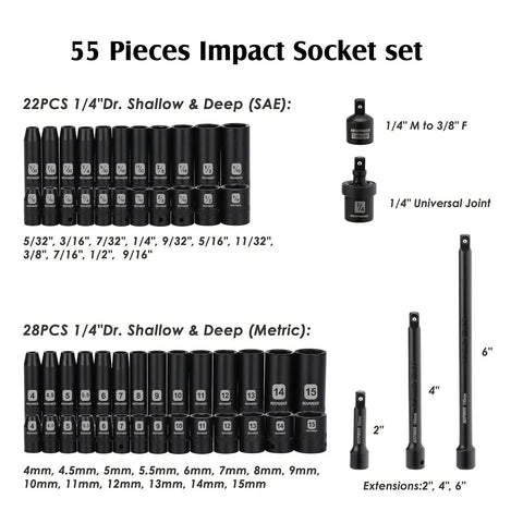 55 Piece 1/4 Inch Drive Impact Socket Set Built With CR-V Steel For Pro Grade Tough Jobs 6 Point SAE And Metric Sizes
