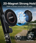 Heavy Duty Magnetic Golf Cart Phone Mount With Cup Hook Locks Your MagSafe iPhone Down Tight On Bumpy Fairways, showing strong 20-magnet hold.