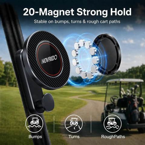 Heavy Duty Magnetic Golf Cart Phone Mount With Cup Hook Locks Your MagSafe iPhone Down Tight On Bumpy Fairways, showing strong 20-magnet hold.