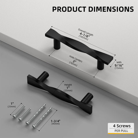 10 Pack Matte Black Cabinet Handles Made From Solid Zinc Alloy With Corrosion Resistant Coating dimensions with screws shown