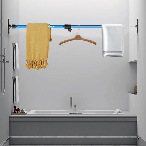 Leikius blue steel cabinet-jack bar, 2-pack; mounted in bath, adjustable 14.6–23.6 in with third-hand support.