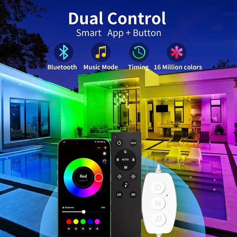 50ft Outdoor LED Strip Lights Waterproof IP68 RGB With Button And Bluetooth App Control, Music Sync, Timer by poolside