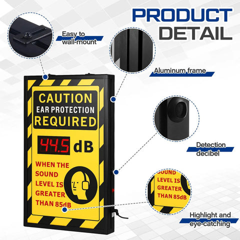 12 By 20 Inch Real Time Decibel Meter Sign With OSHA Caution Ear Protection Required, Wall Mount Aluminum Db Meter, Digital Display Of Current Noise Levels For Quick Safety Notice And Clear Workplace Communication. Wall-mounted black aluminum sign showing 44.5 dB