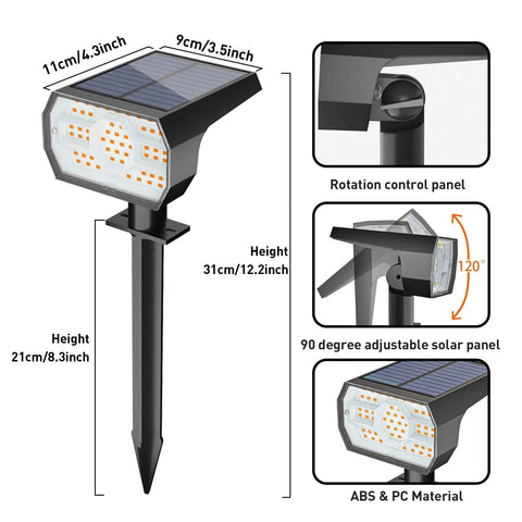Solar Outdoor Lights 56 LED Spotlight with 3 Modes IP68 Waterproof Garden Yard Pathway Lights display with dimensions