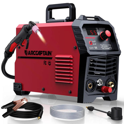 55A Plasma Cutter With Non Touch Pilot Arc And High Frequency Start, 120/240V Dual Voltage IGBT Inverter, shown with accessories