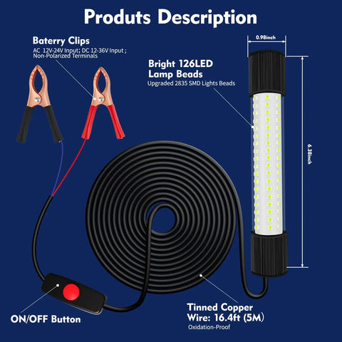 Underwater Green Fishing Light IP68 1300 Lumen Compatible With DC 12 To 24V And AC 12 To 36V 13W With 16 Ft Cable