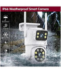 Badass Dual Lens 8Mp Ptz Wifi Security Camera With AI Human Detection And Auto Tracking Hella Crisp Night Vision Two Way Audio And Alexa Ready Top Shelf IP66 Weatherproof Monitoring in heavy rain showing durability and design.