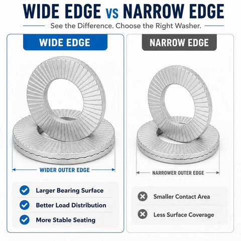 Wide edge vs narrow edge Double Layer Self Locking Washers That Keep Bolts Tight Under Vibration Belleville Style Locking Fasteners For Automotive Industrial Machinery Construction Equipment And Maintenance 1 Inch Stainless Steel Or Dacromet Coated