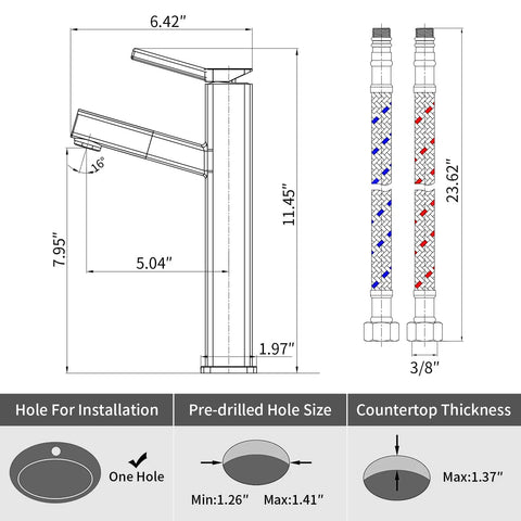 Diagram of Tall Pull-Down Vessel Sink Faucet With Pull-Out Sprayer, Single Hole Lavatory Mixer Tap dimensions and installation specs