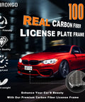 Red car with Real Carbon Fiber License Plate Frame 4 Hole Universal Black Car Tag Holder Cover Premium 100 Percent Carbon Fiber Weave