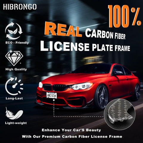 Red car with Real Carbon Fiber License Plate Frame 4 Hole Universal Black Car Tag Holder Cover Premium 100 Percent Carbon Fiber Weave