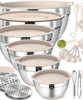 26 Piece Stainless Steel Mixing Bowls Set With Airtight Lids And Grater Attachments Non Slip Bottoms Khaki Kitchen Gadgets