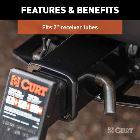 Installed black trailer hitch pin and clip with five eighths inch diameter fits two inch receiver for ball mounts and trailer accessories easy grip with a 105 degree bend for Class 3 4 and 5 hitches.