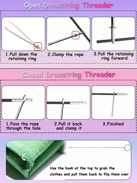 Diagram showing how to use the 9Pcs Drawstring Threader Set Flexible Stainless Steel Bodkin Clip Loop Turner for DIY lacing.