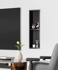 Stainless Steel Shower Niche 8 Inch By 24 Inch Recessed Wall Nook With Double Shelves No Tile Needed Matte Black Bathroom Storage Waterproof Built In Shelf Divider shown in a modern living room setting