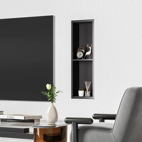 Stainless Steel Shower Niche 8 Inch By 24 Inch Recessed Wall Nook With Double Shelves No Tile Needed Matte Black Bathroom Storage Waterproof Built In Shelf Divider shown in a modern living room setting
