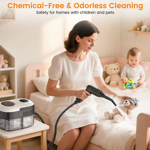 Powerful Handheld Steam Cleaner With 2500W Motor And 3 Bar Pressure cuts right through grease and dust during home cleaning.