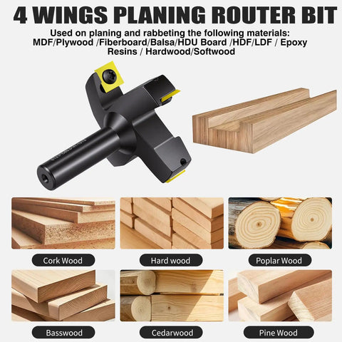Pro Grade CNC Spoilboard Surfacing Router Bit Set With 4 Wings, 1/2 Inch Shank, wood samples for hardwood and softwood planing