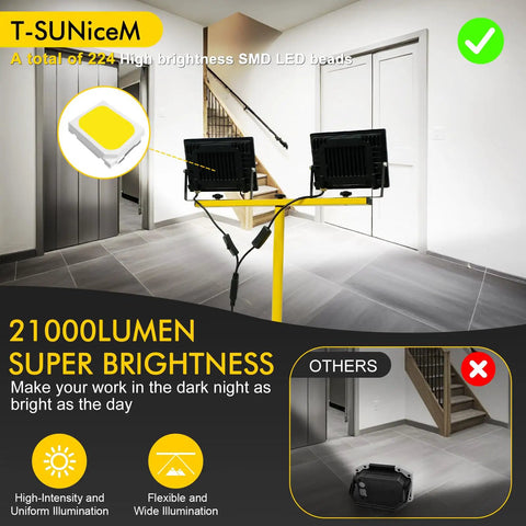 Two-Head LED Work Light With Adjustable Foldable Tripod Stand, 21000 Lumen Portable Flood Light in a modern interior setting