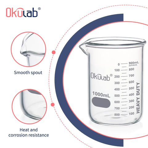 Heavy-Duty Glass Beaker 1000mL Thick-Walled 3.3 Borosilicate With Dual Scale Graduation, clear glass, smooth spout detail