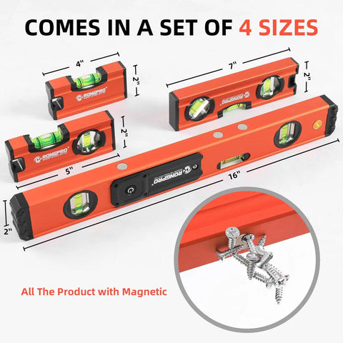 Hella Accurate Four Piece Torpedo Level Set With Built In Light And Heavy Duty Magnet Includes 16 7 5 4 Inch Aluminum Spirit Levels For Nailing Every Cut On Your Next Big Reno Job