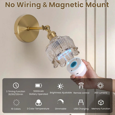 Vintage Battery Operated Wall Sconces Set Of 2 Rechargeable Wireless Light Fixtures Featuring Slick 5000Mah Power Bank with magnetic mount.