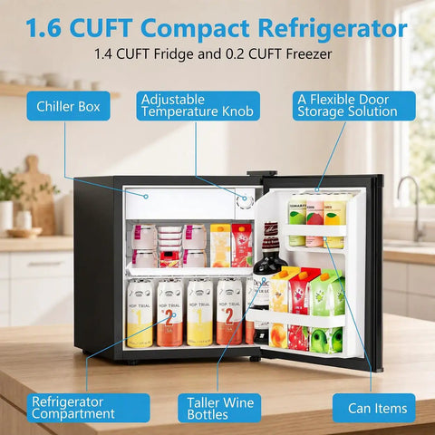 Solid 1.6 Cu Ft Mini Fridge With Dedicated Freezer Knockout Compact Cooler showing adjustable shelves and storage compartments.