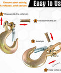 Step-by-step guide for Three Eighths Inch Clevis Slip Hook Set With Safety Latch G70 Tow And Winch Hook assembly with cotter pin.