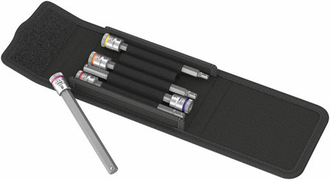 Zyklop Bit Socket Set With Holding Function, One Quarter Inch Drive, Five Piece, in black compact textile box with open flap
