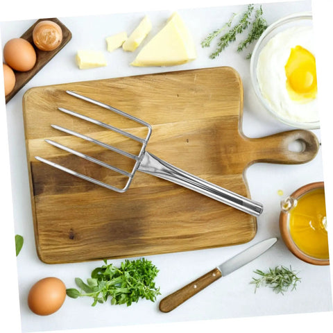 Bean Sprout Garden Tool Stainless Steel Scoop Fork Trowel Hand Shovel on wooden cutting board with kitchen ingredients