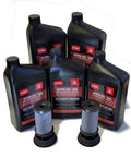Genuine OEM Hydraulic Oil Change Kit For Exmark Z Master And Lazer Z Zero Turn Riding Mowers With Hypr Oil 500 Hydraulic Oil Five Quarts And Two 1170390 Filters Compatible With Exmark 1160164. Image shows five quarts of Hypr Oil 500 and two filters.
