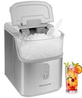 Next Level Countertop Nugget Ice Maker Built With Quick Fifteen Minute Cycle To Serve Hella Delicious Chewable Soft Ice Daily Near Thirty Three Pounds With Sleek Metallic Finish with ice and drink.