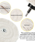 Aluminum Wheel Polishing Kit For Drill Buffing Wheel Set Smooths Car And Motorcycle Rims Stainless Steel Chrome Wood Plastic Ceramic Glass And More 6 Piece Polishing Kit close-up of polishing wheel showing multilayer thickening and sewing reinforcement.