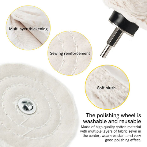 Aluminum Wheel Polishing Kit For Drill Buffing Wheel Set Smooths Car And Motorcycle Rims Stainless Steel Chrome Wood Plastic Ceramic Glass And More 6 Piece Polishing Kit close-up of polishing wheel showing multilayer thickening and sewing reinforcement.