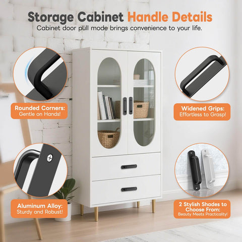 Storage cabinet with 5.7 Inch Aluminum Sliding Barn Door Handle Set For Cabinets And Closets. Close-up of black handles.