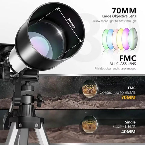 Beginner Friendly 70mm Aperture 400mm Focal Refractor Telescope With AZ Mount Extending Tripod Phone Adapter And Carrying Bag For Easy Night Sky Viewing And Learning, lens detail and FMC technology