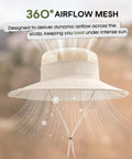 Women's Ponytail Hole Sun Hat With Wide 3.5 Inch Brim For Hiking And Summer Outdoor UV Protection Beige Bucket Safari Hat UPF 80 Plus All Day Sun Shield showing airflow mesh feature