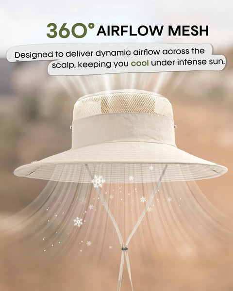 Women's Ponytail Hole Sun Hat With Wide 3.5 Inch Brim For Hiking And Summer Outdoor UV Protection Beige Bucket Safari Hat UPF 80 Plus All Day Sun Shield showing airflow mesh feature