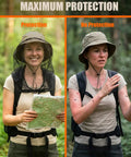 Two Pack Mosquito Head Net For Hats, Ultra Fine Ice Silk Bug Mask Hood with large mesh, showing protection vs no protection outdoors.