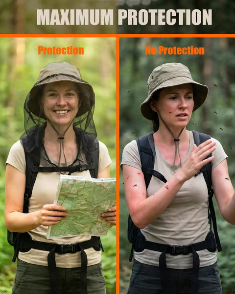 Two Pack Mosquito Head Net For Hats, Ultra Fine Ice Silk Bug Mask Hood with large mesh, showing protection vs no protection outdoors.