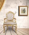 Dope 1902 Artwork Print A New Scythe Cuts Clean By John Samuel Pughe custom framed in wood, displayed above a vintage chair