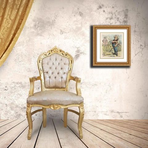 Dope 1902 Artwork Print A New Scythe Cuts Clean By John Samuel Pughe custom framed in wood, displayed above a vintage chair
