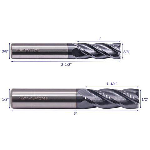 Solid Carbide End Mills Set, 6 Pcs, Diameters 1/8 Inch Through 1/2 Inch, AlTiN Coated, 4 Flute, 30 Degree Helix CNC Router End Mill Bits