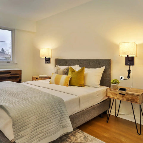 Cozy Plug In Wall Lamp With Dimmer And USB Port, Rustic Contemporary Wall Sconce With Fabric Shade in bedroom setting